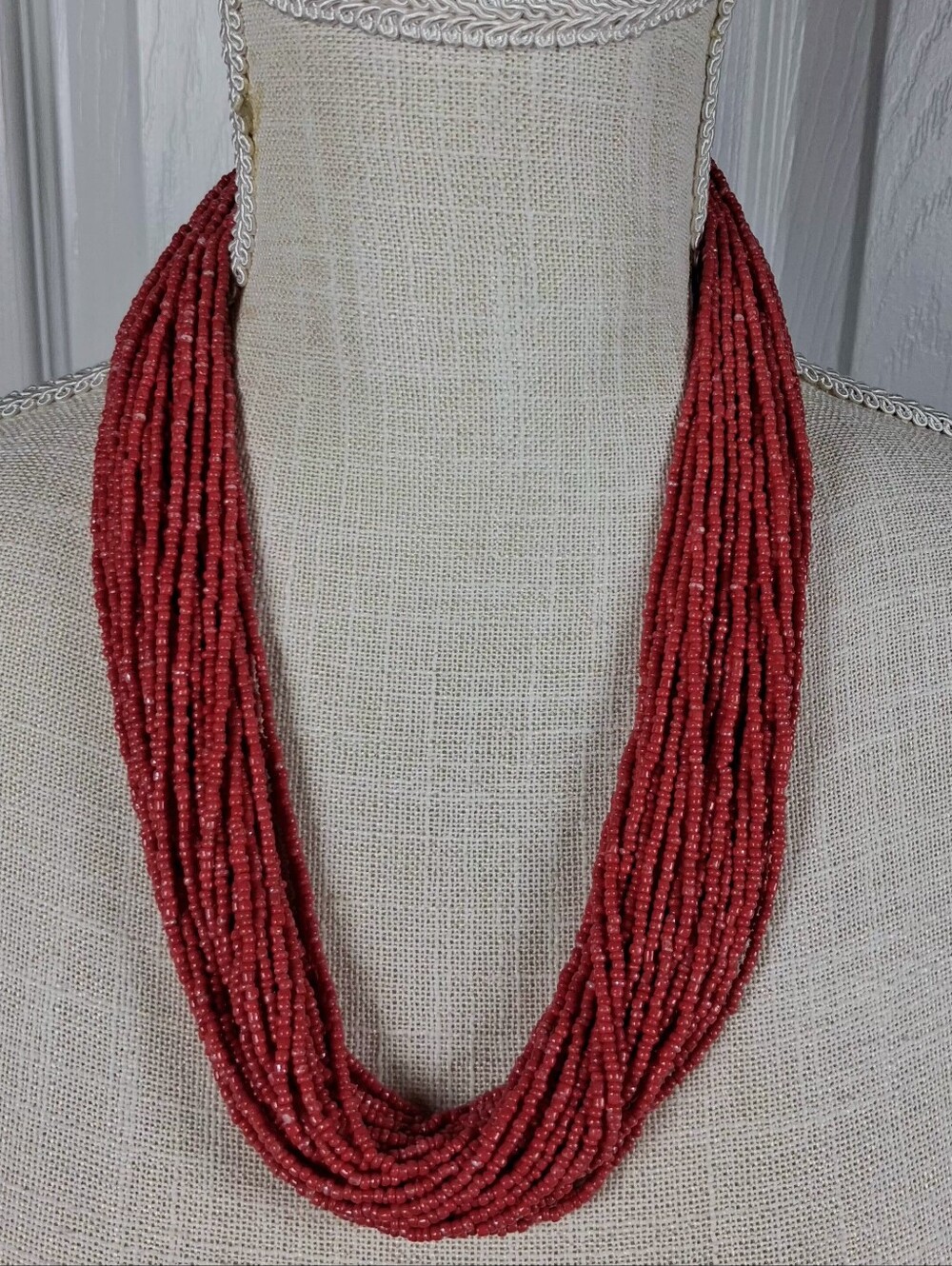 Vintage Czech Red Glass Bead Multi Strand Torsade Style Necklace Crochet Closure